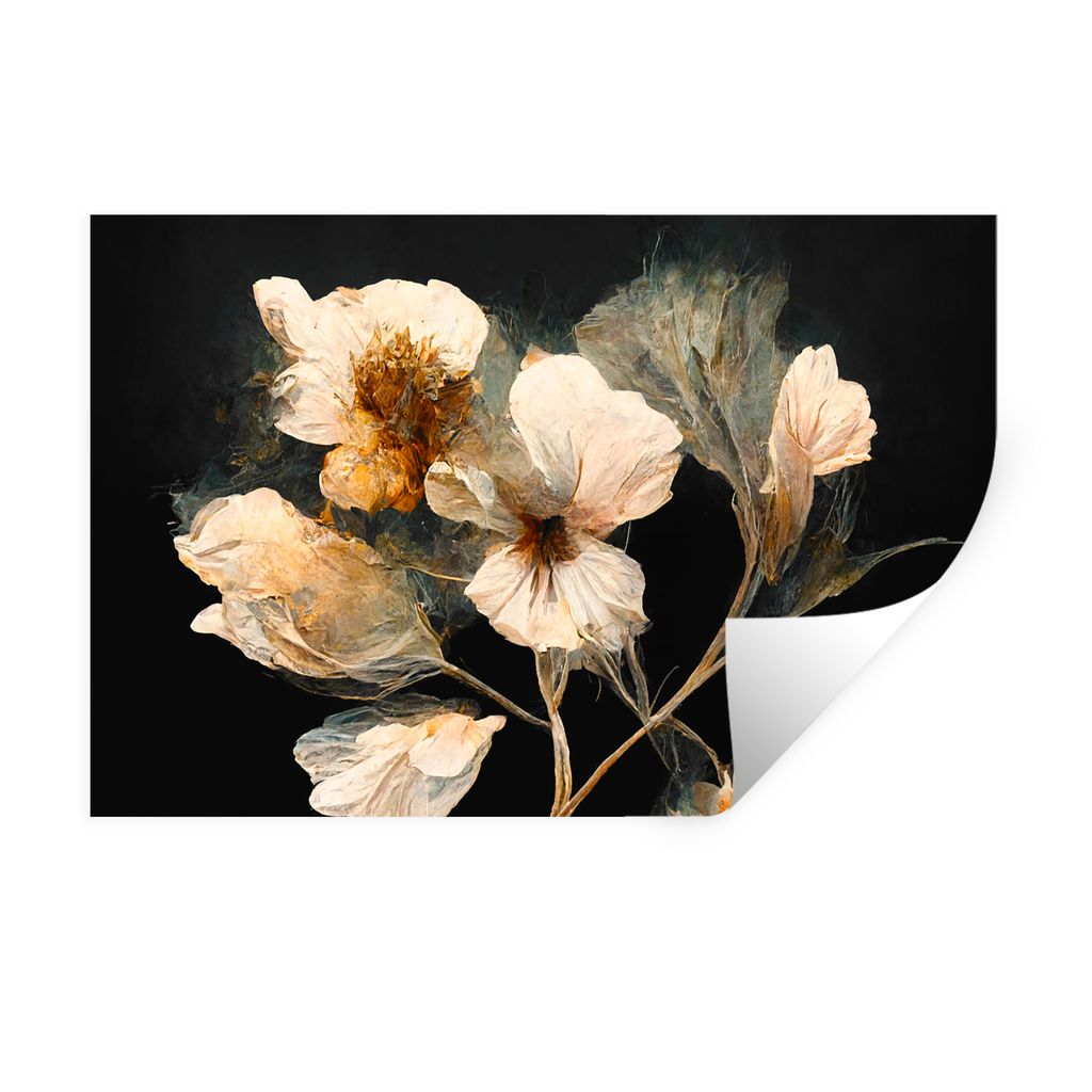 MuchoWow Wandtattoo Wandsticker Wandaufkleber Blumen - Schwarz - Pflanzen - Vintage 90x60 cm Selbstklebend und Repositionierbar - Aufkleber