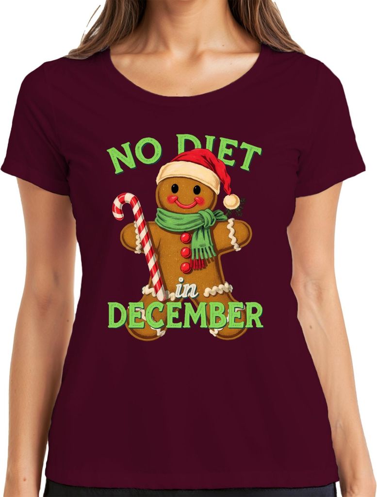 No Diet in December Lebkuchenmann Zuckerstange Weihnachten lustig Damen T-Shirt, Burgundy, 3XL
