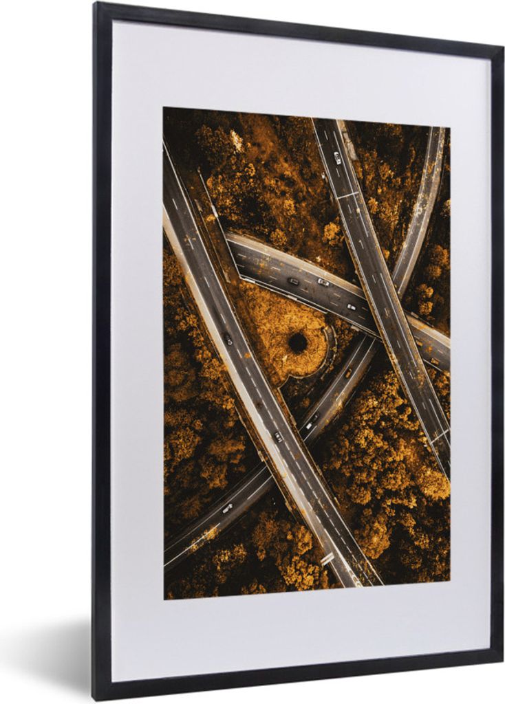 MuchoWow MuchoWow Gerahmtes Poster Autobahnen - Auto - Gold 40x60 cm - Poster mit zchwarzem Bilderrahmen - Poster in Rahmen