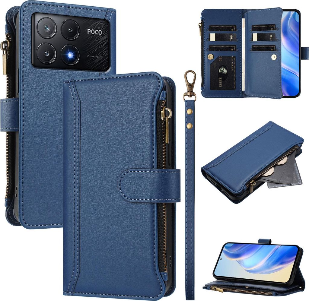 Handyhülle für Xiaomi Redmi K70E/Poco X6 Pro Reißverschluss Geldbörse Kunstleder Klapphülle mit Kartensteckplatz, Ständer, Handschlaufe Dunke...
