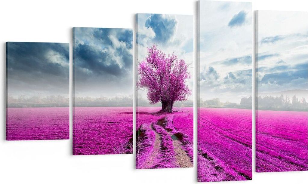 Bild auf Leinwand - Leinwandbild - Heidefeld Baum Wolken Landschaft - 100x60cm - Wand Bild - Wanddeko - Leinwanddruck - Bilder - Kunstdruck - Leinw...