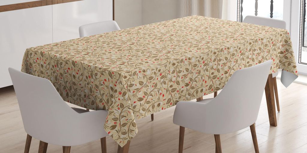 ABAKUHAUS Blumen Tischdecke, Neubelebung Natur Themen Abstrakt Zarte Vorbauten mit Kurvige Blätter Marienkäfer, 140 x 170 cm, Beige Caramel Vermi...