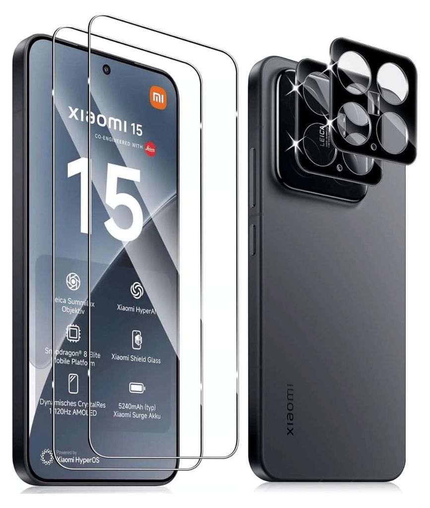 A display of a smartphone with screen protectors and camera lens protectors.