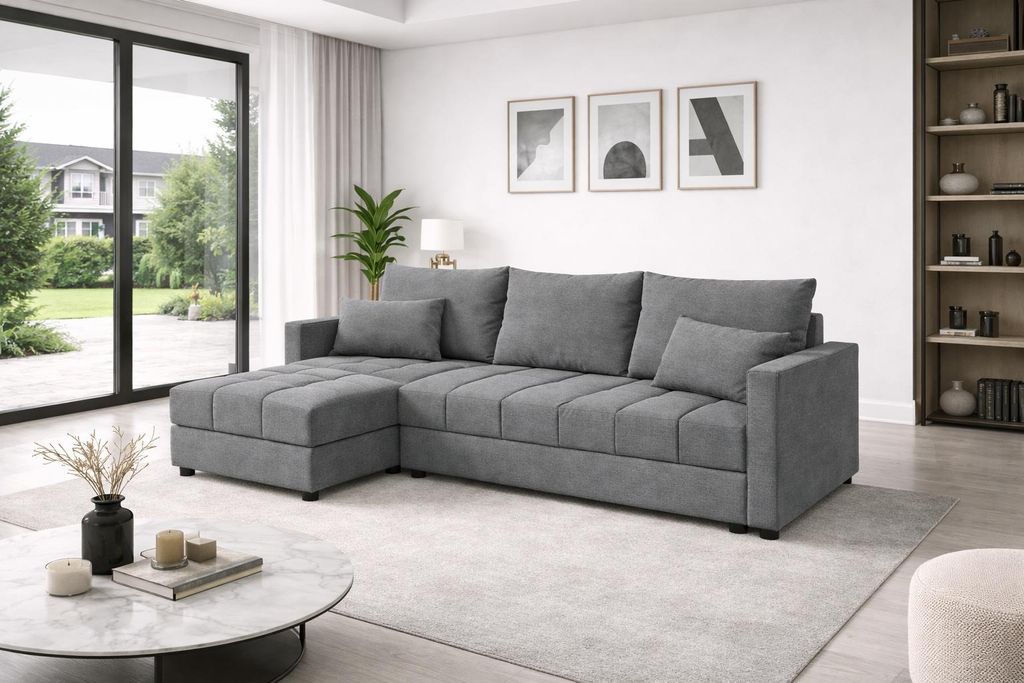 Aurelia L Wohnlandschaft Couchgarnitur Ecksofa in L-Form mit Schlaffunktion, Bettkasten und Kissen