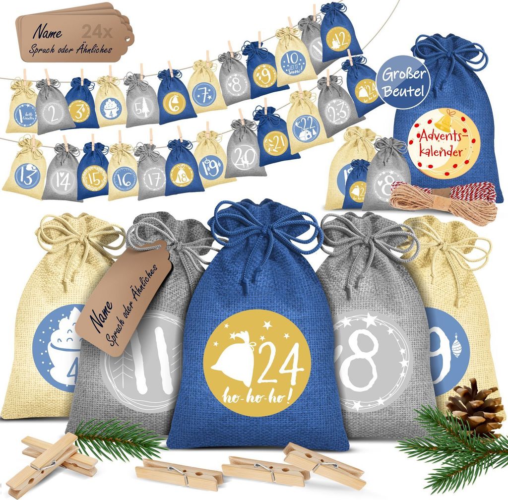 KESSER Adventskalender zum Befüllen 24 Jutebeutel Gedruckte Stoffbeutel Kinder Weihnachtskalender zum Selber Befüllen Inkl.. 24x Schildchen + 1...