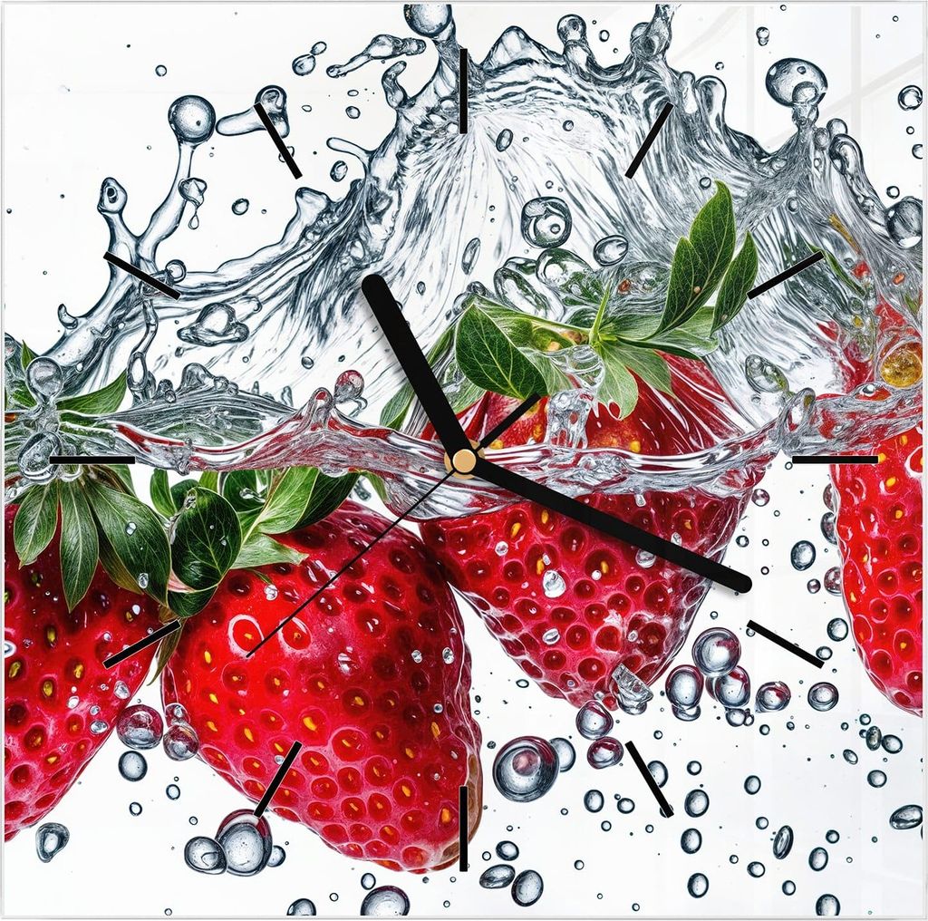 Wanduhr aus Glas mit Motiv Erdbeeren im Wasser- 30 x 30 cm - inkl. Aufhängesystem