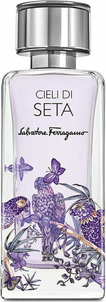 A clear, front-facing studio shot of a Salvatore Ferragamo Cieli di Seta Eau de Parfum bottle.