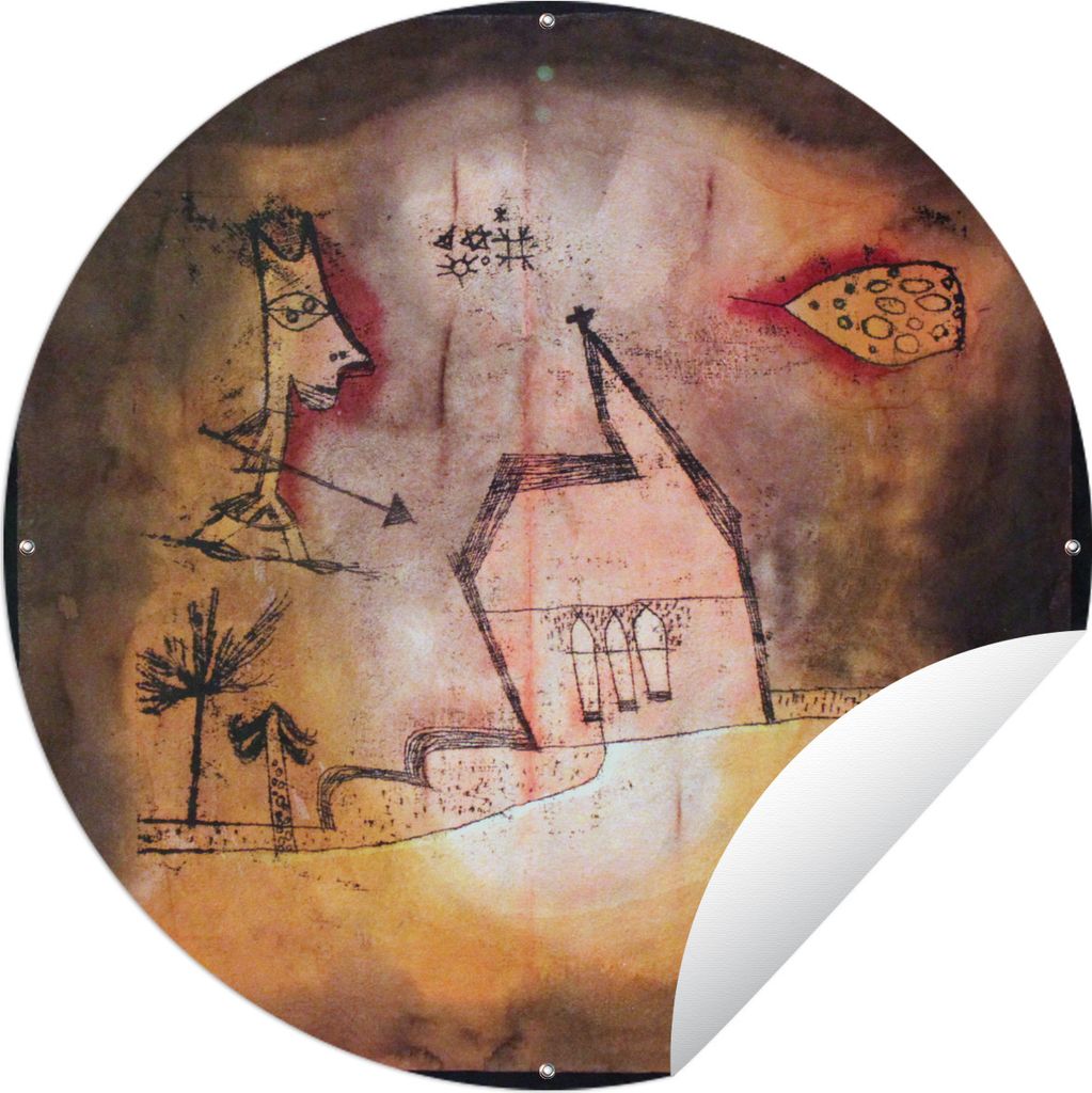 MuchoWow Gartenposter Outdoor-Poster Rund Bebende Kapelle anagoria - Gemälde von Paul Klee Ø 120 cm Gartendeko Rundes Poster draußen