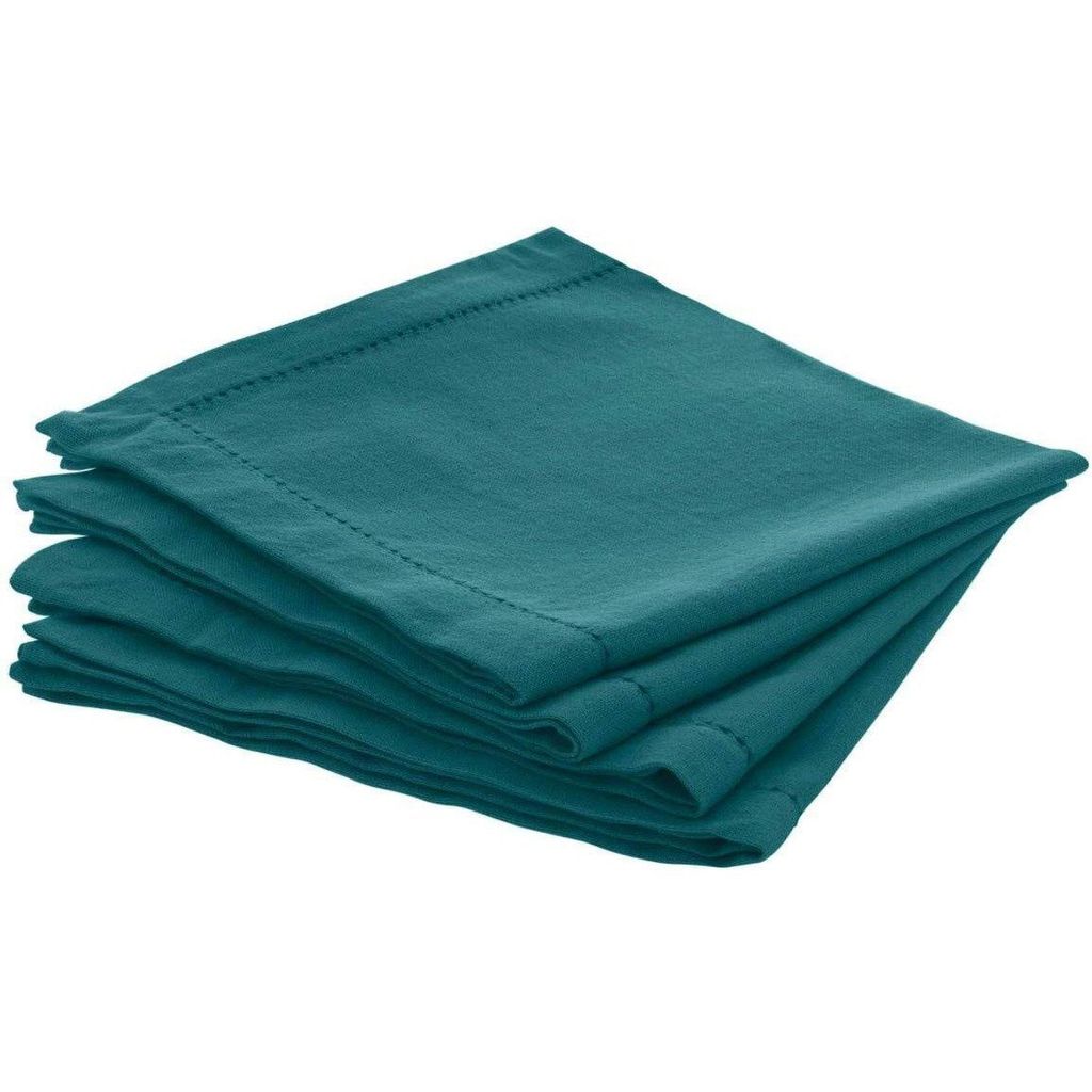 A stack of teal fabric napkins on a white background.