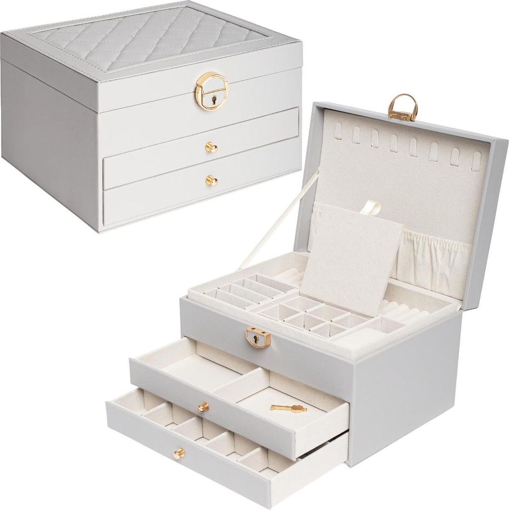 Schmuckkästchen für Damen mit 2 Schubladen, Schmuck Organizer, Schmuckaufbewahrung für Ketten, Ringe Grau