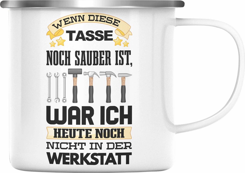 Trendation - Werkstatt Emaille Tasse KFZ Mechaniker Mechatroniker Geschenkidee (Silber)