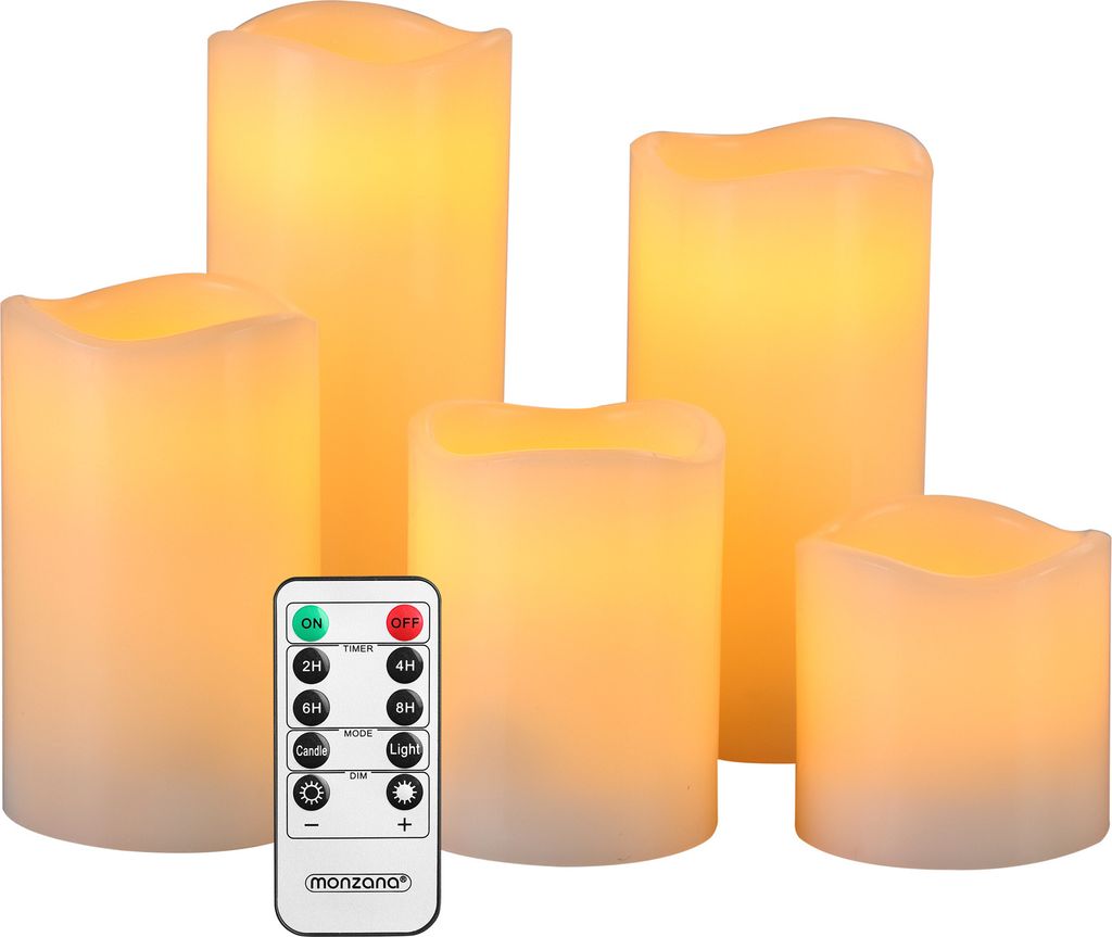 MONZANA® LED Kerzen mit Timerfunktion 5er Set flackernd Echtwachs batteriebetrieben mit Fernbedienung dimmbar in Warmweiß 5 Größen ø7,5cm