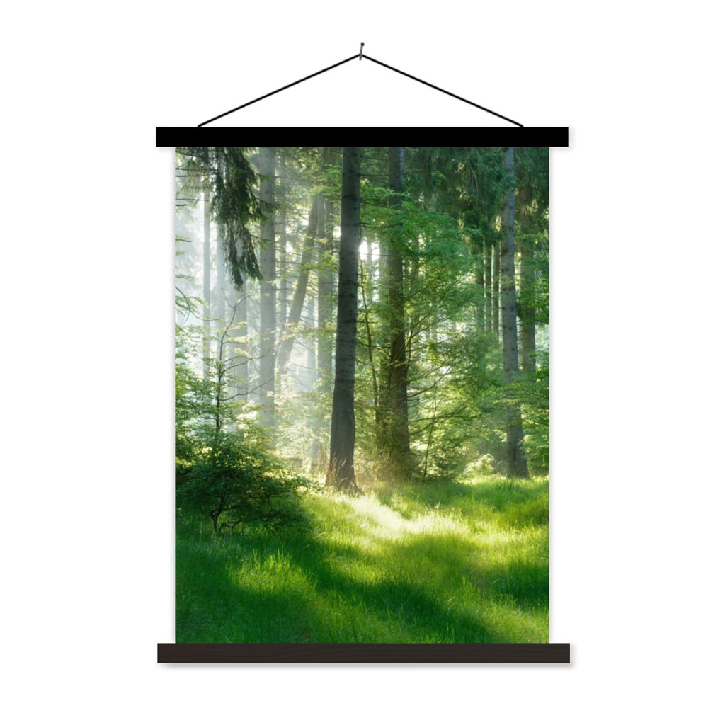 MuchoWow Textilposter Natur - Bäume - Wald - Grün - Sonne - Gras - Pflanzen 40x53 cm mit schwarzem Rahmen - Abbildung