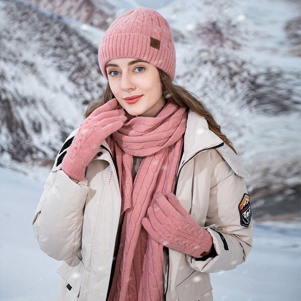 Winterwarmer Strickschal, Beanie-Mütze und Handschuhe im Set, weicher Stretch-Hut, Schal und Fäustlinge für Herren und Damen,Rosa