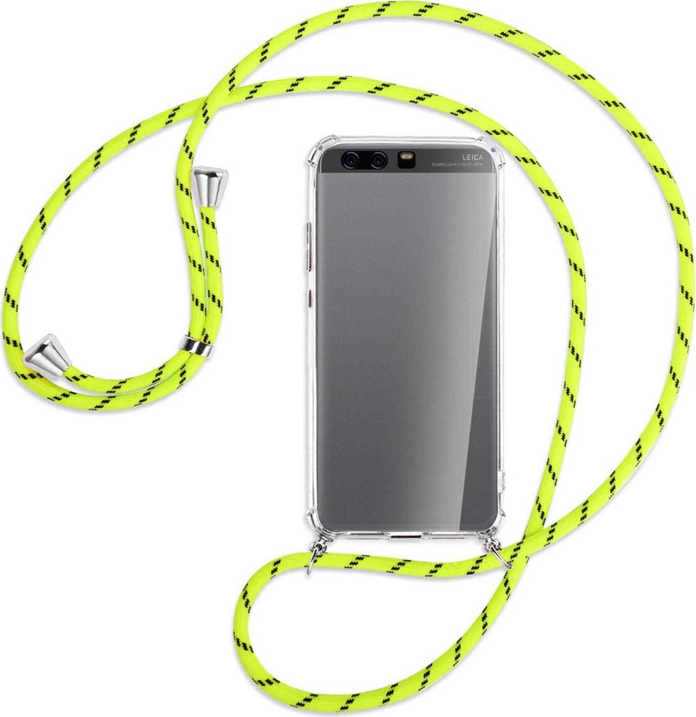 Handykette Backcover-Schutzhülle mit Band (Metall silberfarben) für Huawei P10 Plus - neongelb