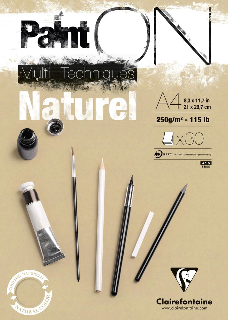 Clairefontaine 4x PaintON Naturel, Block A4, kopfseitig , 30 Blatt, Sand 96540C
