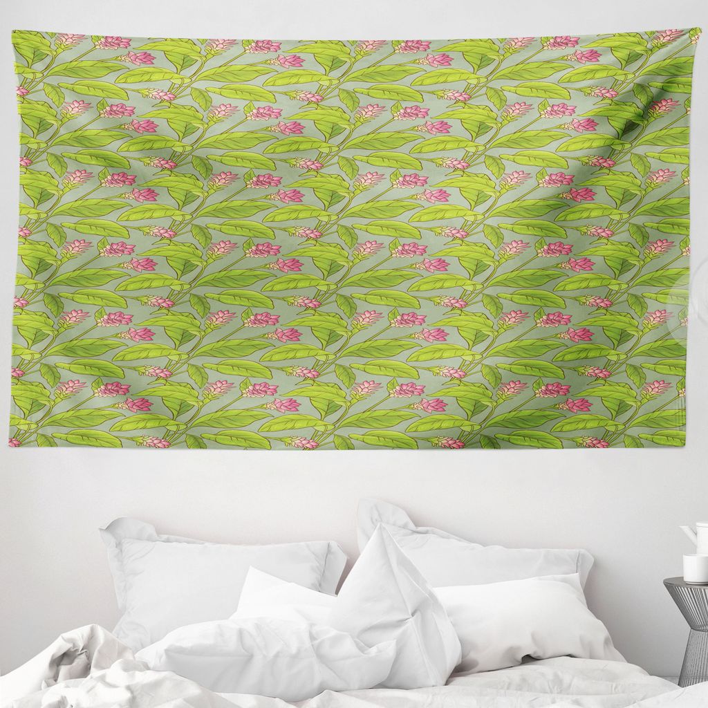 ABAKUHAUS Botanisch Wandteppich, Kurkuma Blüten aus Weiches Mikrofaser Stoff Waschbar ohne Verblassen Digitaldruck, 230 x 140 cm, Green Apple Grün