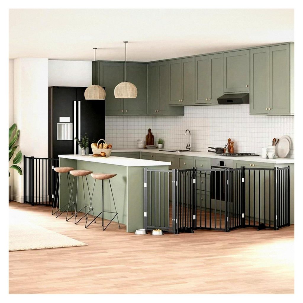 9-teiliges Hundetor mit Tür, faltbar, schwarz, 450 cm, aus Pappelholz, modulares Haustiertor für Zimmer, Durchgänge und Korridore für kleine Ti...