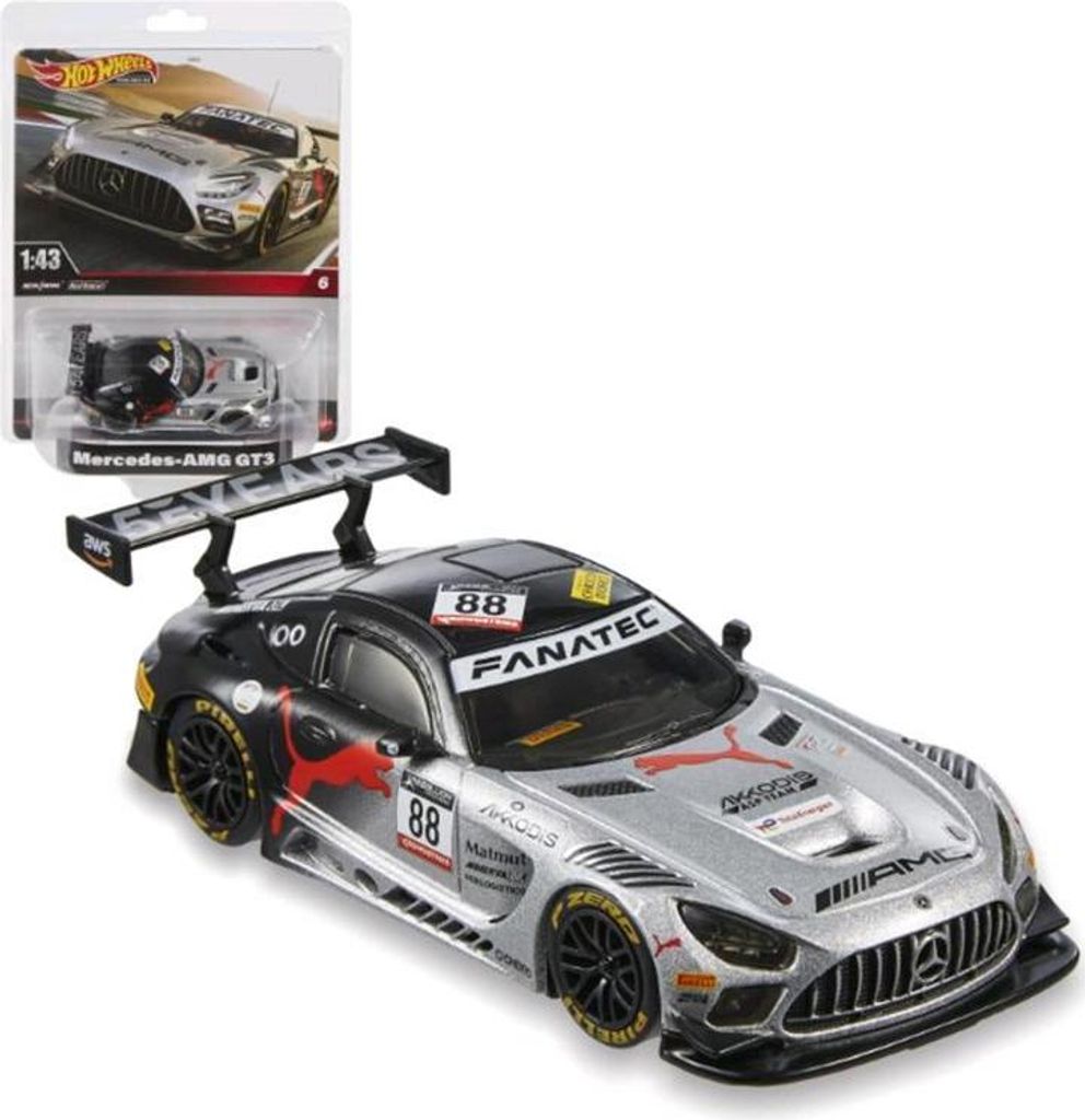 A Hot Wheels Mercedes-AMG GT3 toy car is shown in its packaging and also displayed separately.