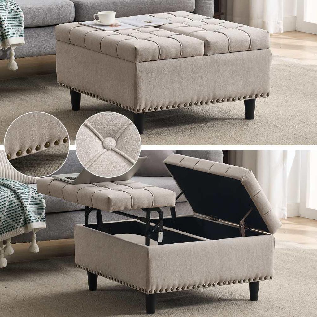 AIORBER Sitzhocker mit Stauraum 75x75cm quadratische Sitztruhe gepolstert Ottomane Leinen-Optik Aufbewahrungsbox Multifunktions-Bank Wohnzimmer Beige