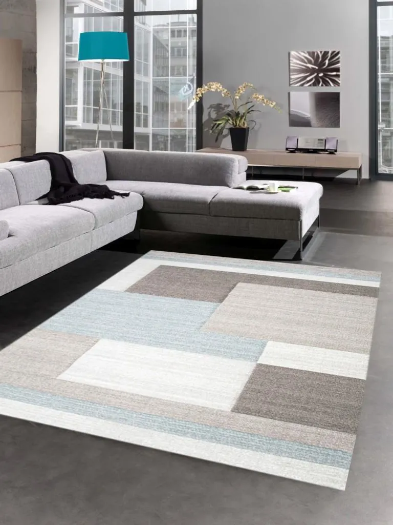 Tapis de salon anti-tache bleu et taupe 80x300 cm pour intérieur actif