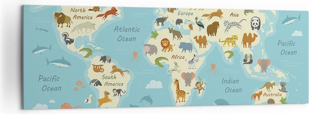 Bild auf Leinwand - Leinwandbild - Einteilig - Tiere die Welt Karte - 160x50cm - Wand Bild - Wanddeko - Wandbilder - Leinwanddruck - Bilder - Wandd...