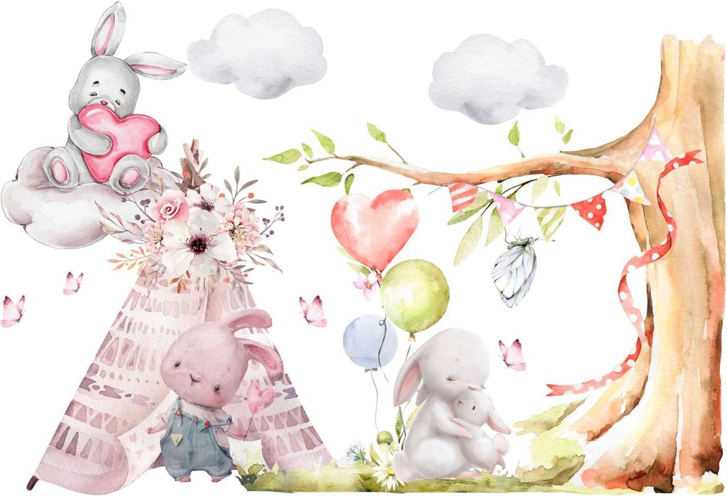 Wandtattoo Kaninchen, Glade, mit umweltfreundlichen, geruchsneutralen Druckfarben - Wandsticker, Wandaufkleber Kinder 170 x 300 cm