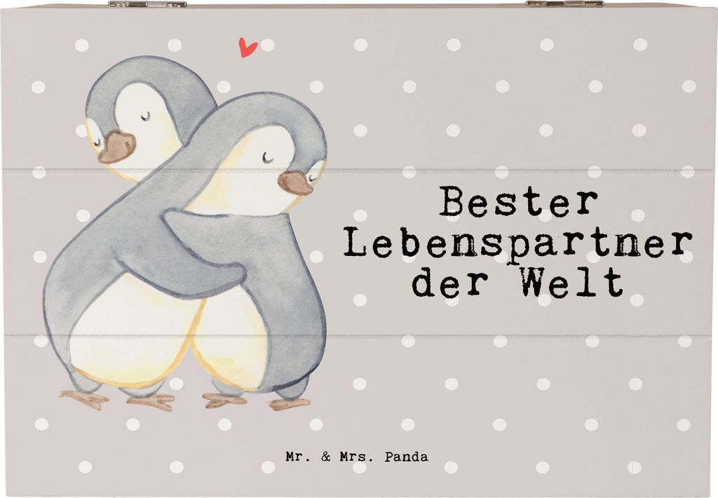 Mr. & Mrs. Panda Holzkiste Pinguin Bester Lebenspartner der Welt 22 x 15 cm - Grau Pastell - Geschenk, fotobox, Schatzkiste, Freund, Geschenkbox, P...