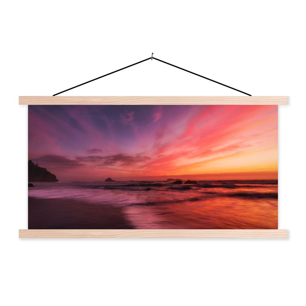 MuchoWow Textilposter Strand - Meer - Natur - Abend 60x30 cm mit holzfarbenen Rahmen - Dekoration