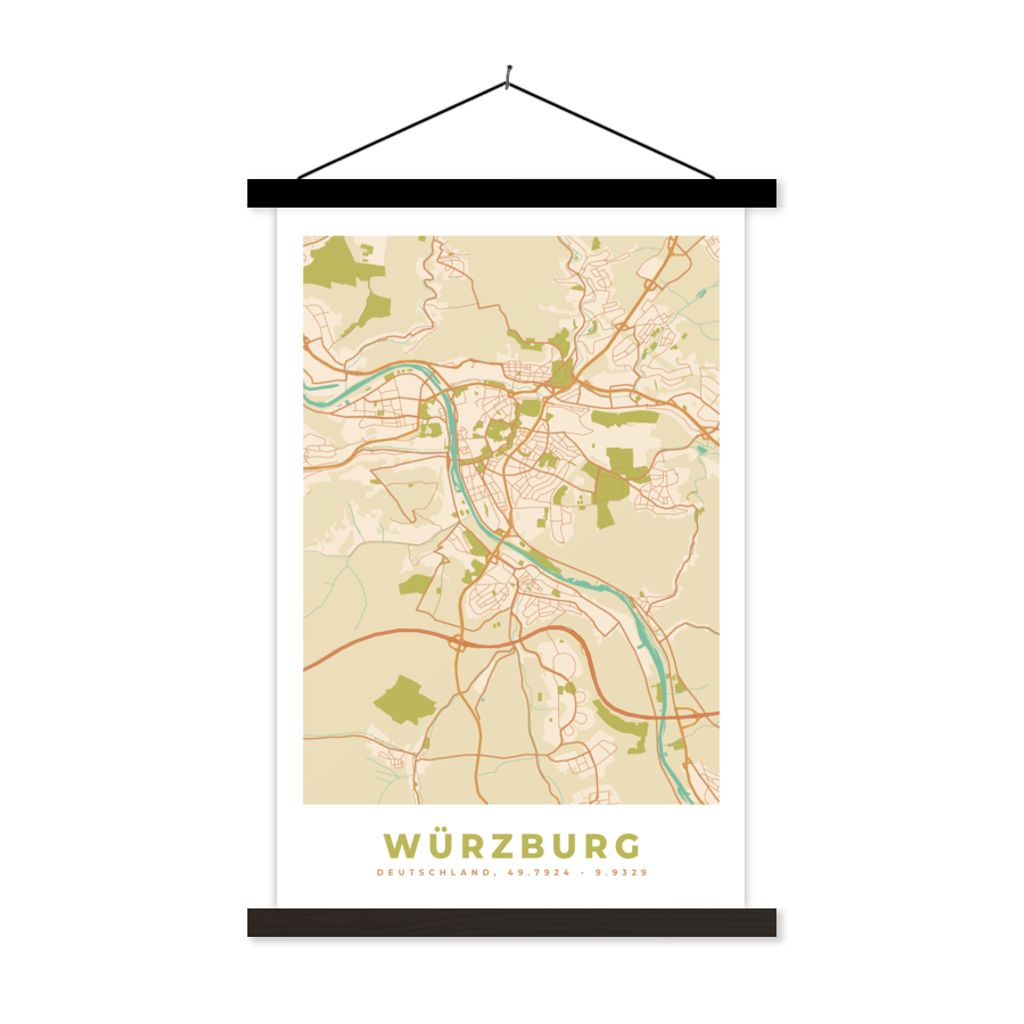 MuchoWow Textilposter Karte - Würzburg - Jahrgang - Karte 40x60 cm mit schwarzem Rahmen - Wanddekorationen