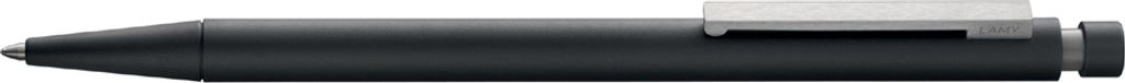 A close-up shot of a black pen on a white background.