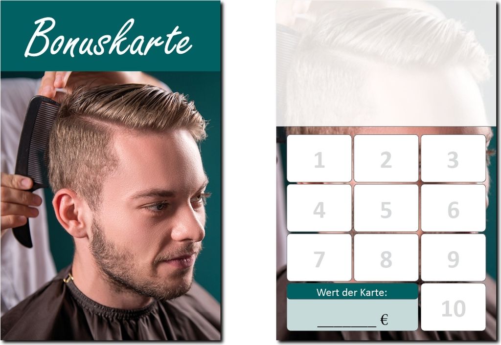 500 Stück Friseur Herren Bonuskarten (BOK-422) mit 10 Stempelfeldern. Treuekarten passend für Bereiche wie Frisör, Kosmetik, Haarpflege