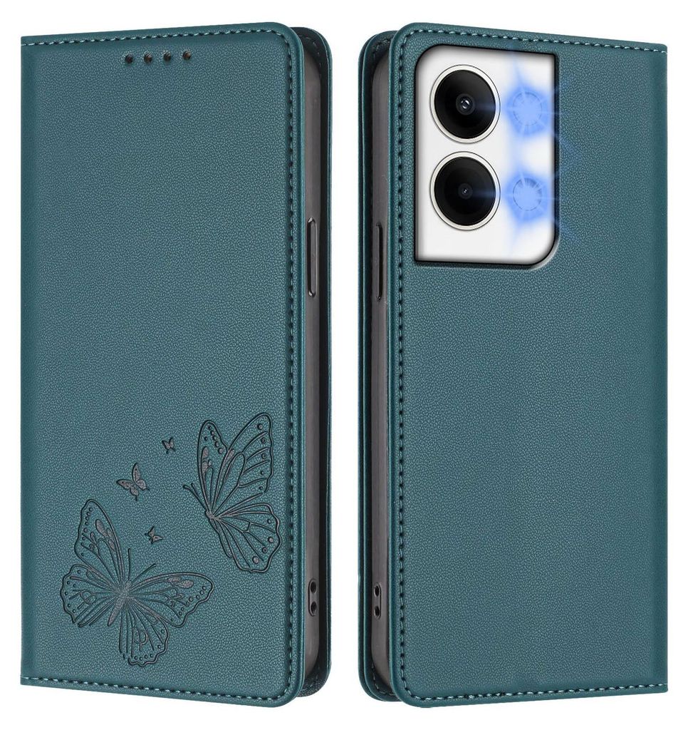 Lederhülle für Oppo Reno9 /Reno9 Pro 5G, Schmetterling Prägung Leder Brieftasche Schutzhülle mit Ständer Grün