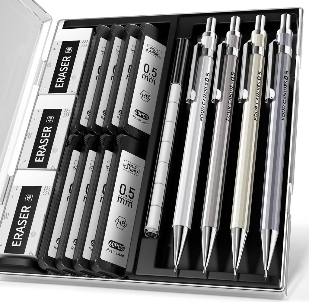 4 Stück Metall Druckbleistift Set 0,5 mm HB Blei 4B Produktbild 