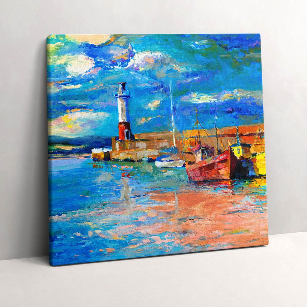 Lighthouse and boats – Leinwandbild Wandbild – 60x60 cm – Leinwandbilder – Wandbilder – Schlafzimmer – Flur