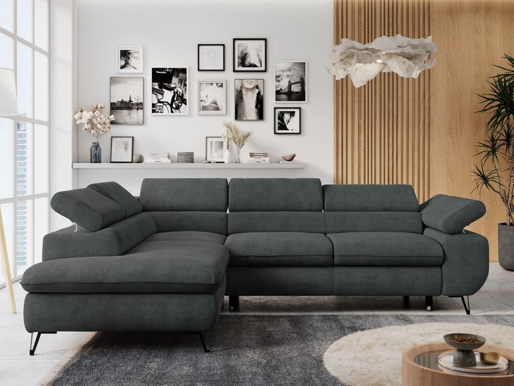 Ecksofa Sofa Grau, Wohnlandschaft L-Form mit Schlaffunktion und Bettkasten, Schlafsofa mit Bettkasten, Sofa mit Einstellbare Kopfstützen, Peter L ...
