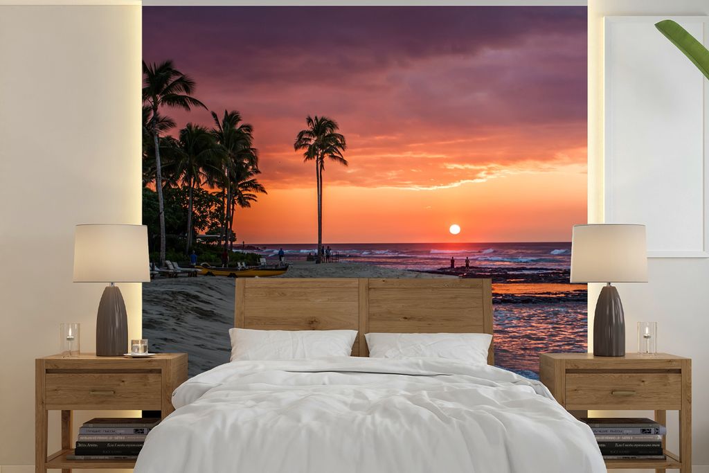 MuchoWow Fototapete für Wohnzimmer oder Schlafzimmer Wandtapete Vinyl Motivtapete Ein orangefarbener Himmel über dem Pazifischen Ozean in der N...