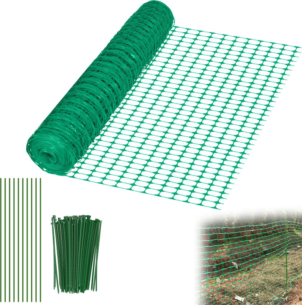 UISEBRT 1 x 50m Absperrzaun Kunststoff Grün mit Erdspießen & Kabelbindern Bauzaun Warnzaun Warnnetz mobiler Hundezaun Auffangnetz Wildzaun Fangza...