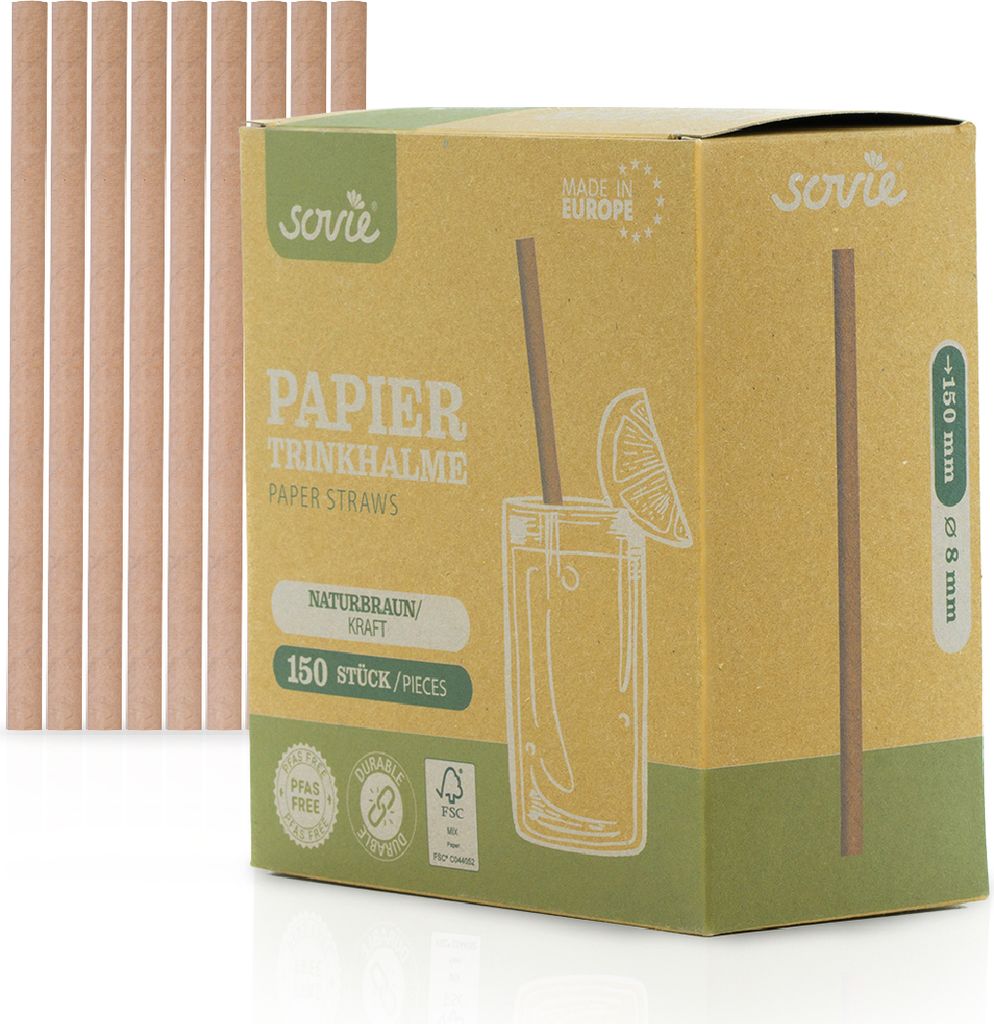 Trinkhalme in Naturbraun aus Papier, Ø 8 mm / 15 cm, 4500 Stück verpackt im Pappkarton - Mank