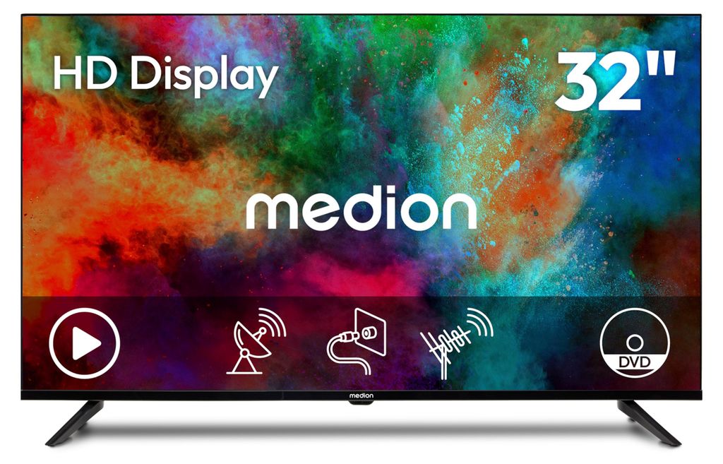 MEDION 80 cm (32 Zoll) HD Fernseher (integrierter DVD-Player, Triple Tuner Receiver DVB-T2 DVB-C DVB-S2, 2 x HDMI, USB, Kopfhöreranschluss, AV in,...