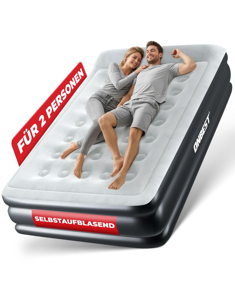 ONBEST Luftbett mit Kopfkissen selbstaufblasend | mit Pumpe | Queensize | 203 x 46 x 152 cm | Tragetasche | Weiß