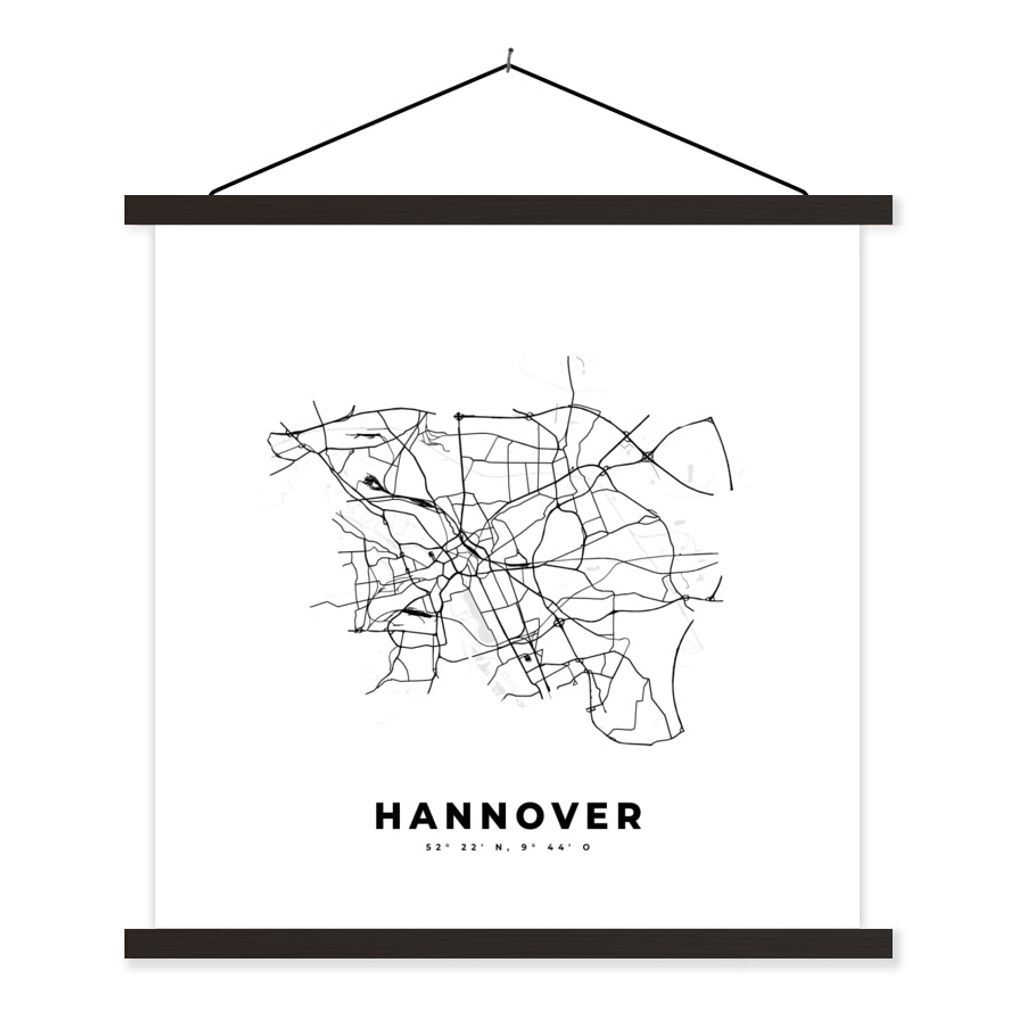 MuchoWow Textilposter Karte - Hannover - Schwarz-Weiß - Stadtplan 120x120 cm mit schwarzem Rahmen - Aufhängungsset