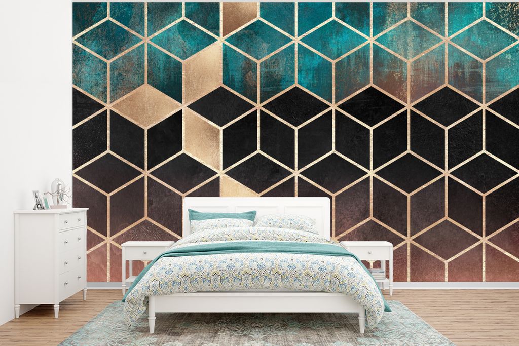 MuchoWow Fototapete für Wohnzimmer oder Schlafzimmer Wandtapete Vinyl Motivtapete Abstrakt - Würfel - Gold - Muster - Luxus - 350x260 cm - Wohn...