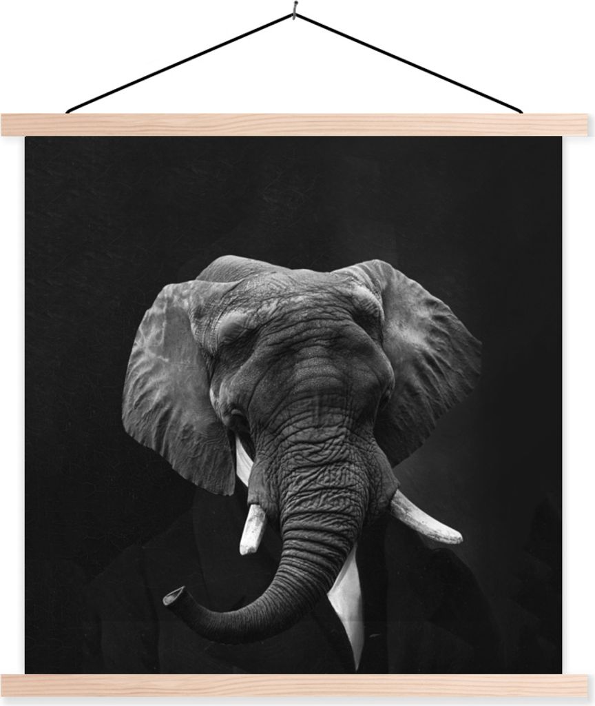 MuchoWow Textilposter Gemälde - Afrikanischer Elefant - Schwarz - Weiß 40x40 cm mit holzfarbenen Rahmen - Posterleiste