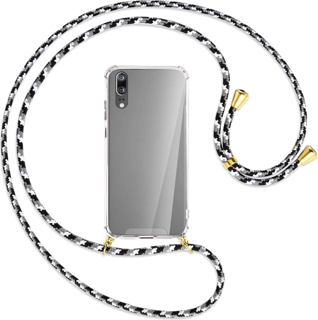 Handykette Backcover-Schutzhülle mit Band (Metall goldfarben) für Huawei P20 - schwarz/grau/weiß