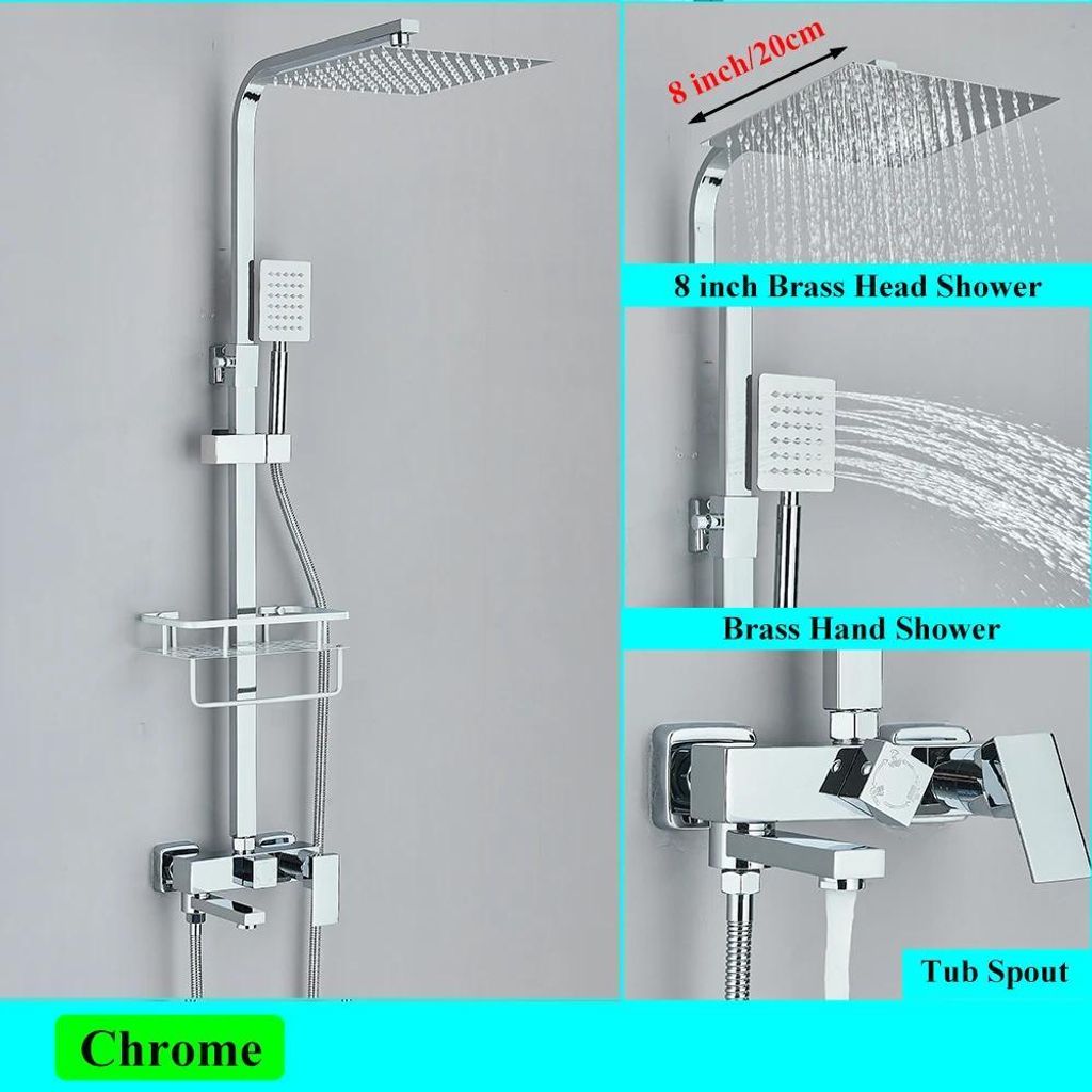 Duschset Regendusche - Wandmontage Armatur mit Gleitschiene - 20 cm Duschkopf - Ablage - Höhenverstellbar - 3‐Wege-Umschalter - Warm/Kalt - Chrom