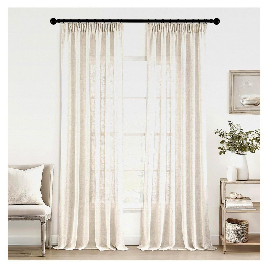 Gardinen mit Kräuselband und Schlaufenschal aus Voile in Leinenoptik, halbtransparent, für Wohnzimmer und Schlafzimmer, 2er Set, Natural Weiß, 2...