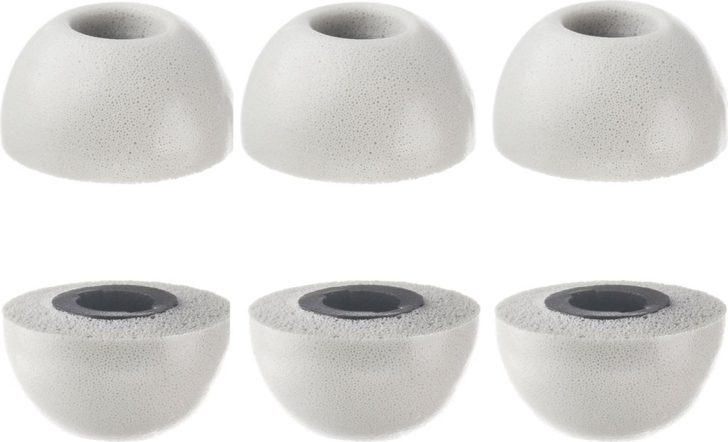 Three pairs of gray ear tips for earbuds are shown, with the top row showing the full ear tips and the bottom row showing a cross-section of each ear tip.