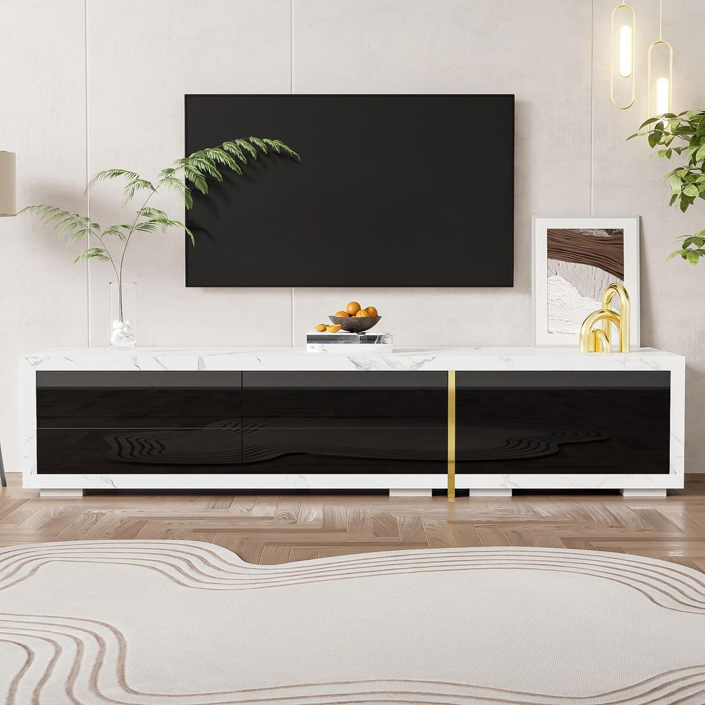 AIORBER Moderner TV-Schrank mit variabler Länge (140–260 cm), Dreh- und Auszugsfunktion, Weißer Marmoroptik, Schwarzes Hochglanz-Matt-Finish