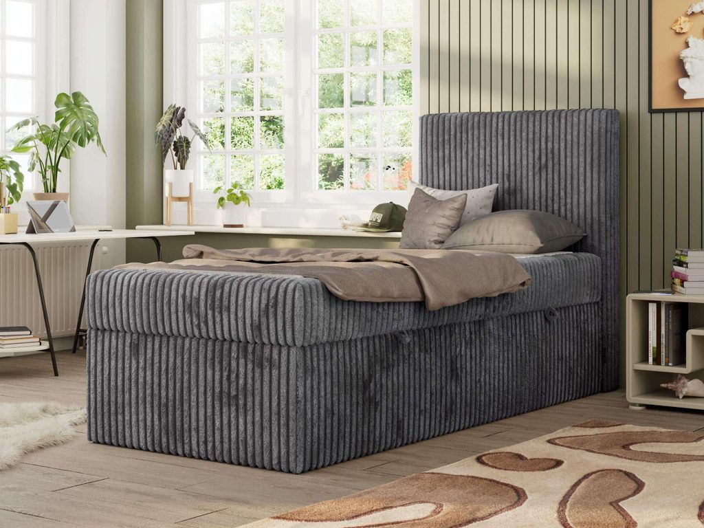 MKS MEBLE Jugendbett TILIO, Einzelbett mit Stauraum, Cordstoff, Boxspringbett 90x200 mit 7-Zonen-Taschenfederkern H3 - Grau Cord - Rechts Seite